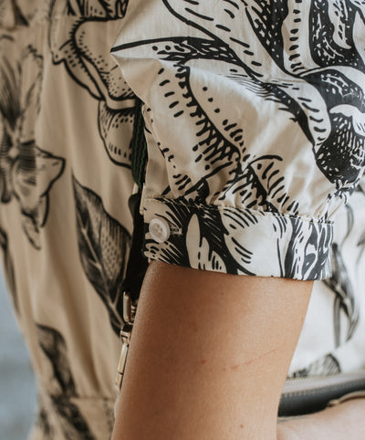 Cream/Navy  Floral Print Collared Dress