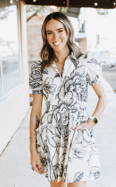 Cream/Navy  Floral Print Collared Dress