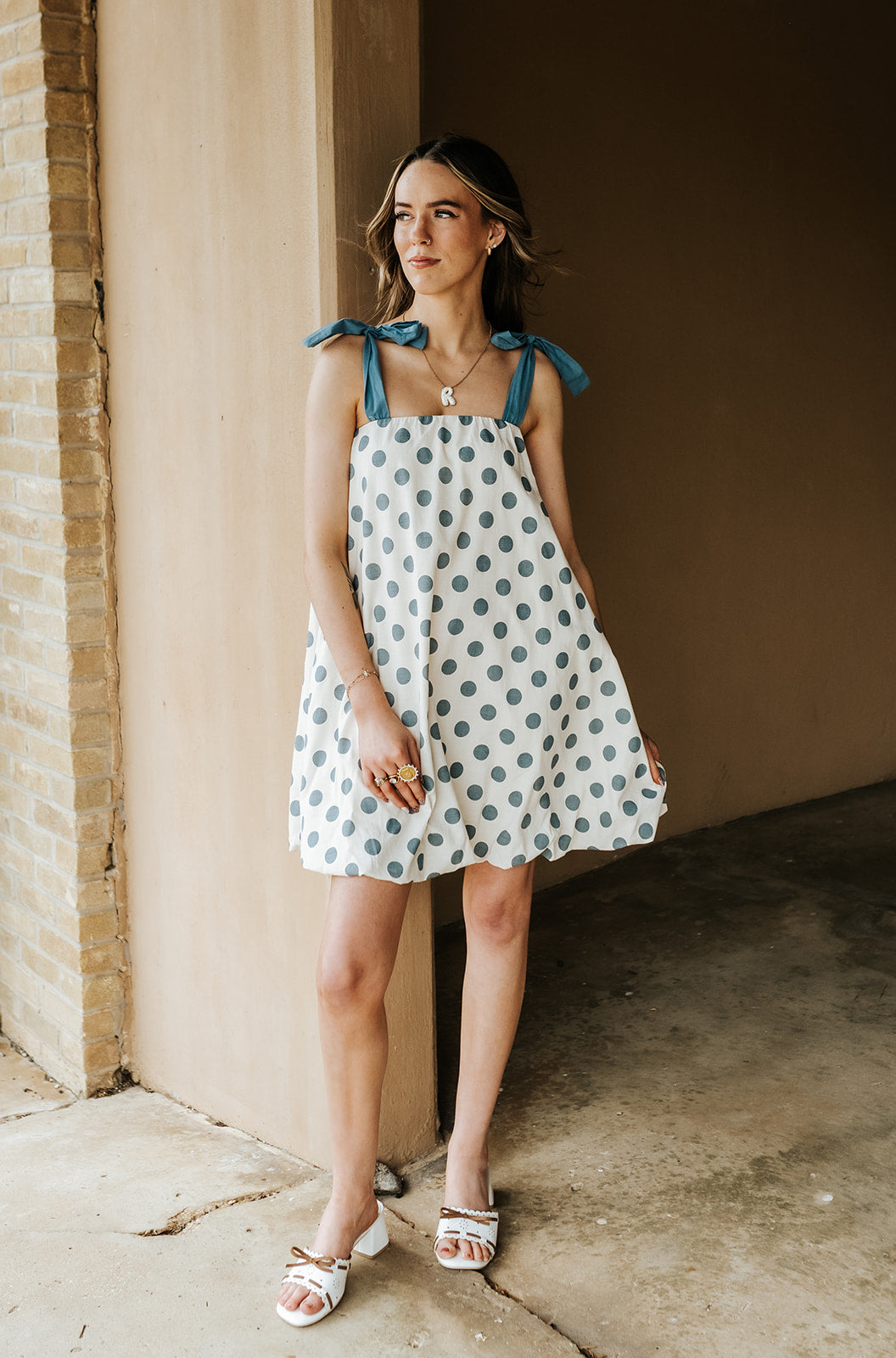 Dusty Blue Polka-Dot Mini Dress JD26804