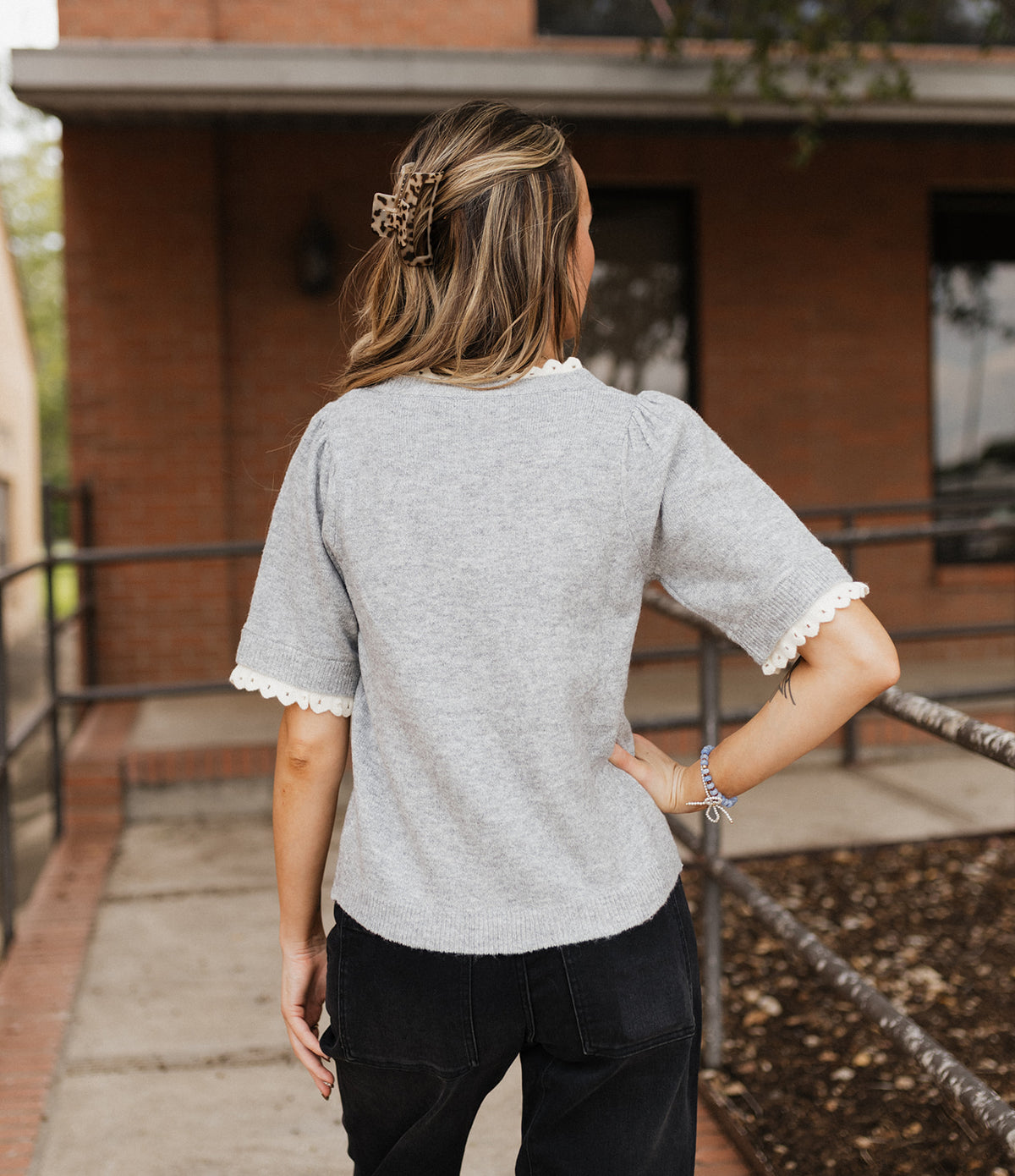 Grey Short Sleeve Scallop Sweater TF26-0180