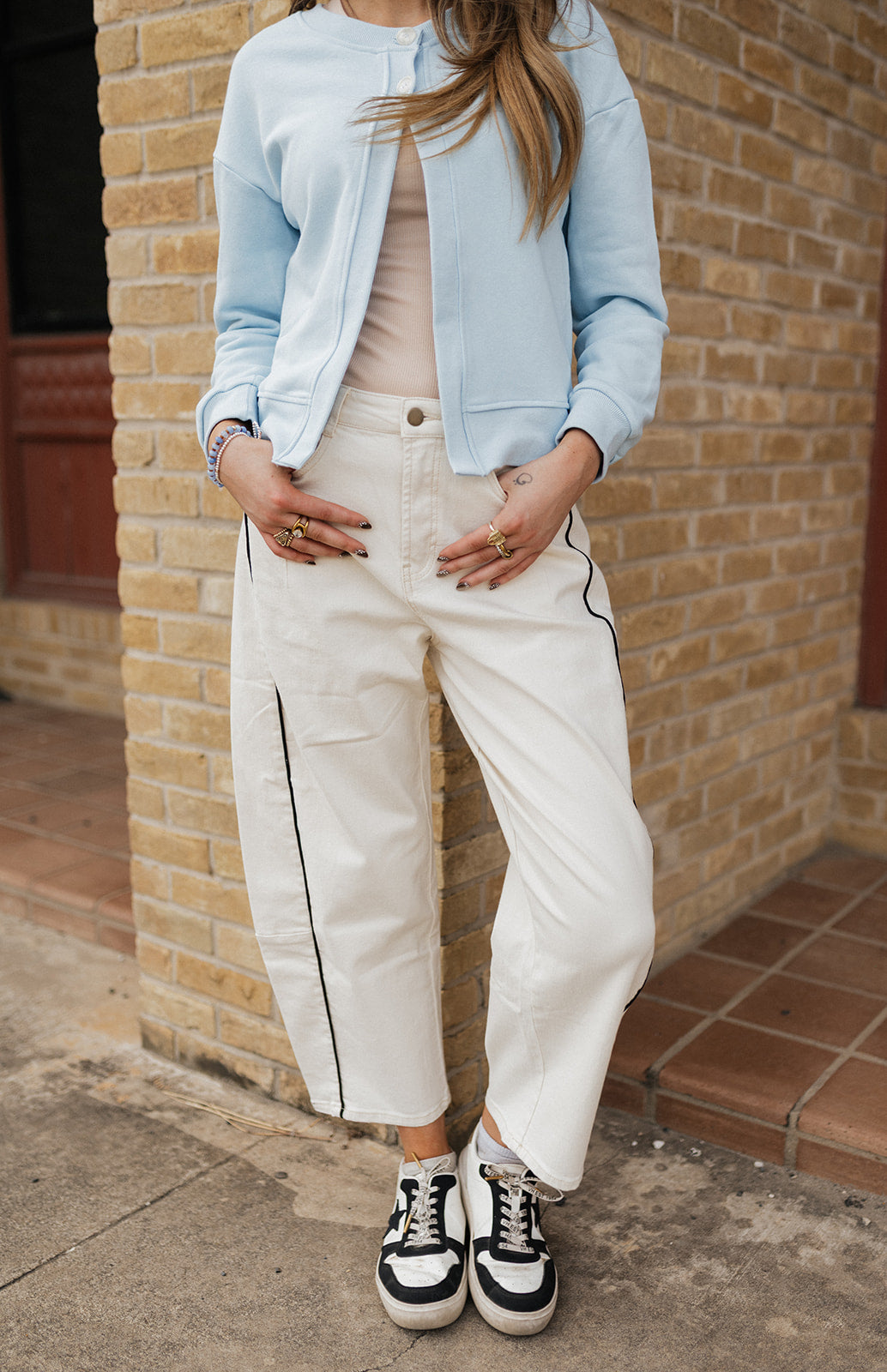 Cream/Black Piping Detailed Barrel Pants P6883