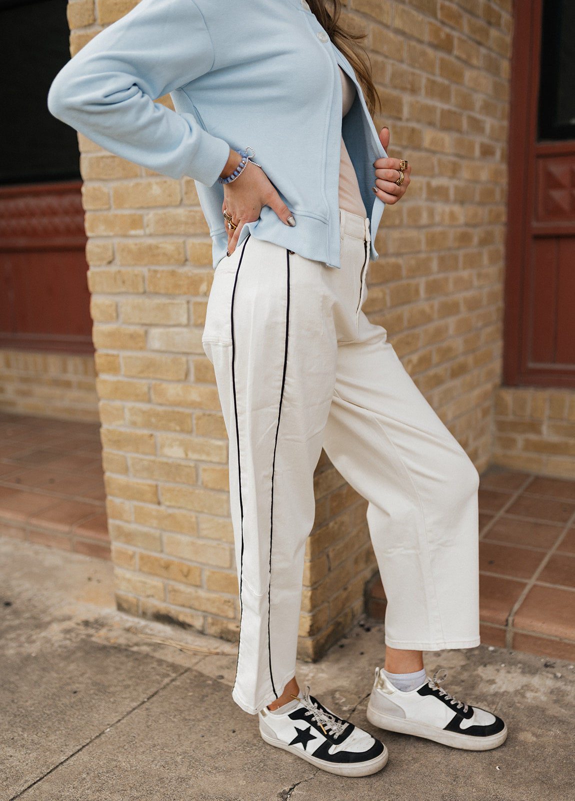 Cream/Black Piping Detailed Barrel Pants P6883