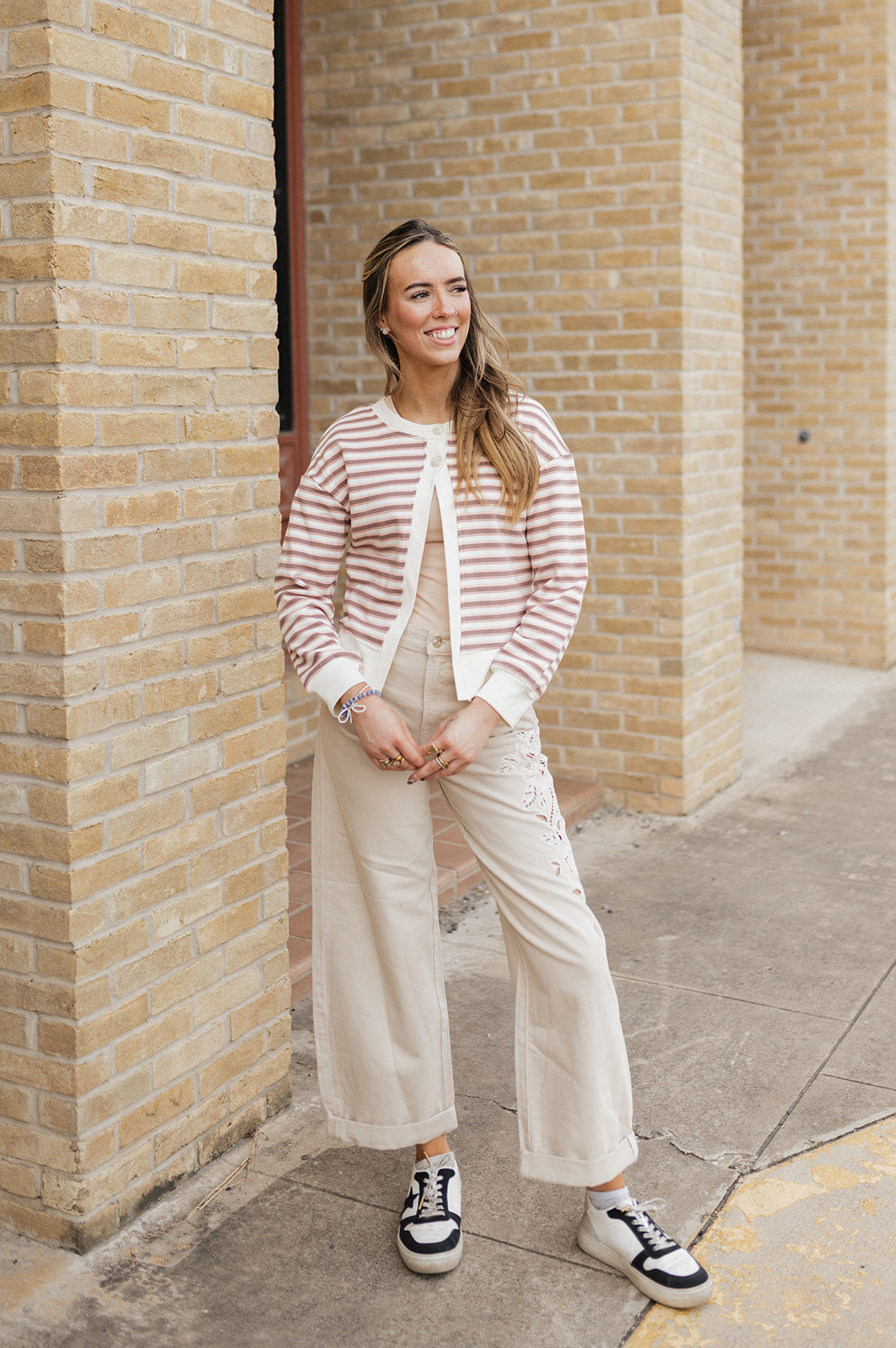 Brown/Pink Dual-Button Rib-Trimmed Striped Cardigan IT3086A