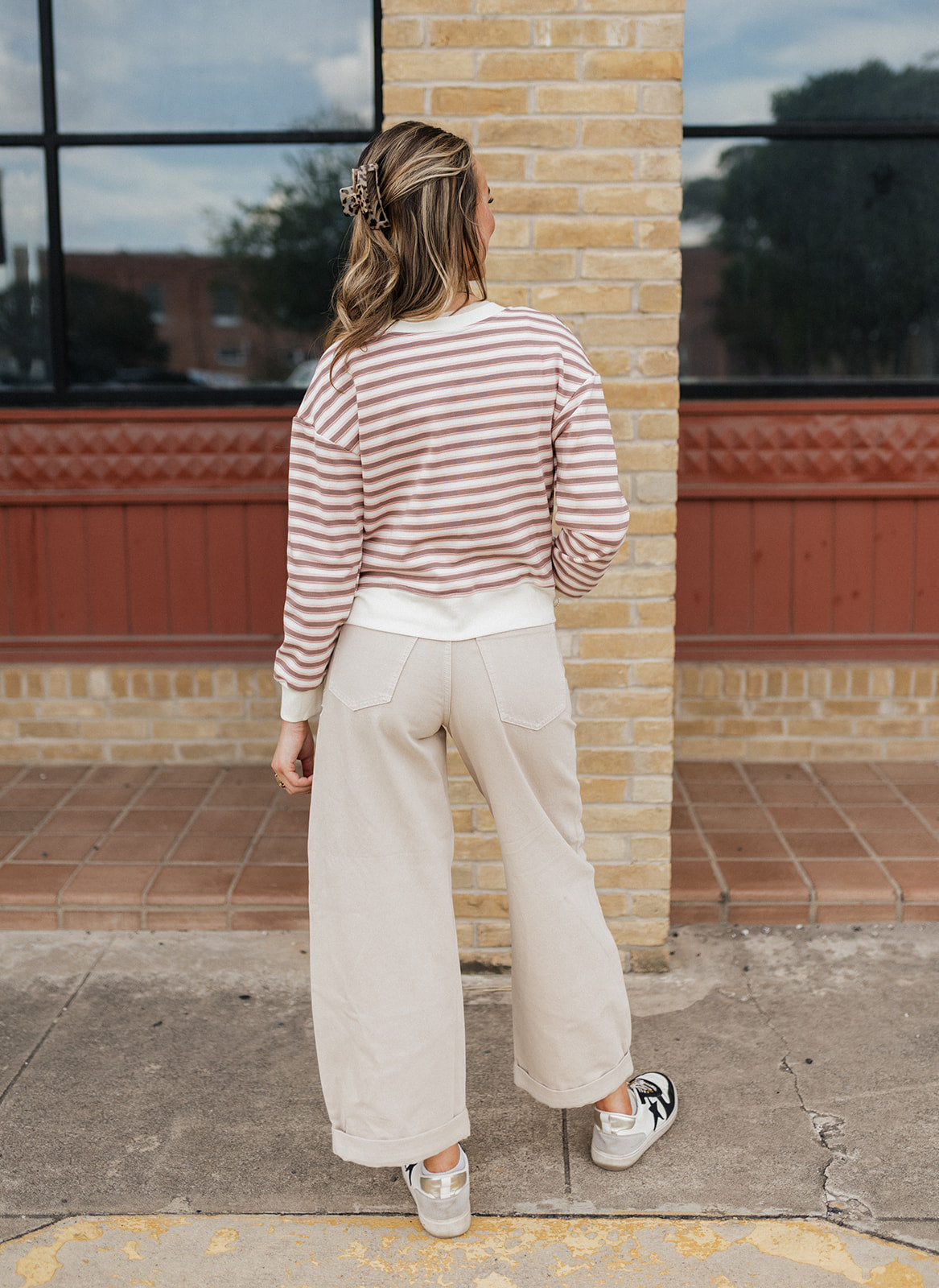 Brown/Pink Dual-Button Rib-Trimmed Striped Cardigan IT3086A