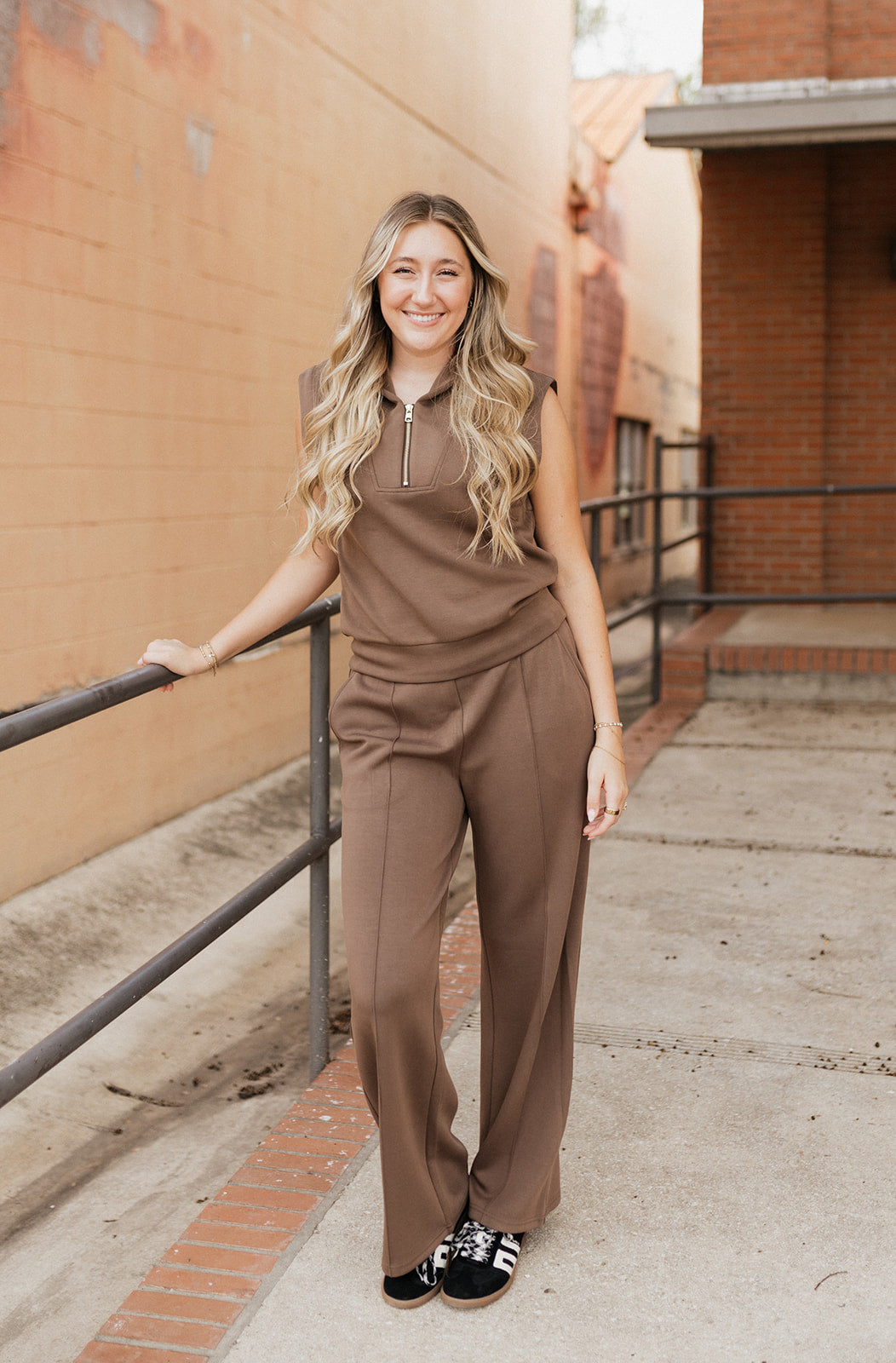 Brown Quarter Zip Sleeveless Scuba Top SC11743