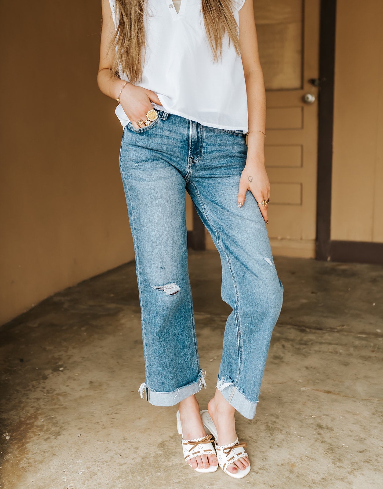 Charming Mid Rise Medium Dark Slim Wide Jeans T7245