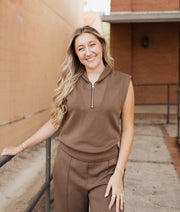 Brown Quarter Zip Sleeveless Scuba Top SC11743