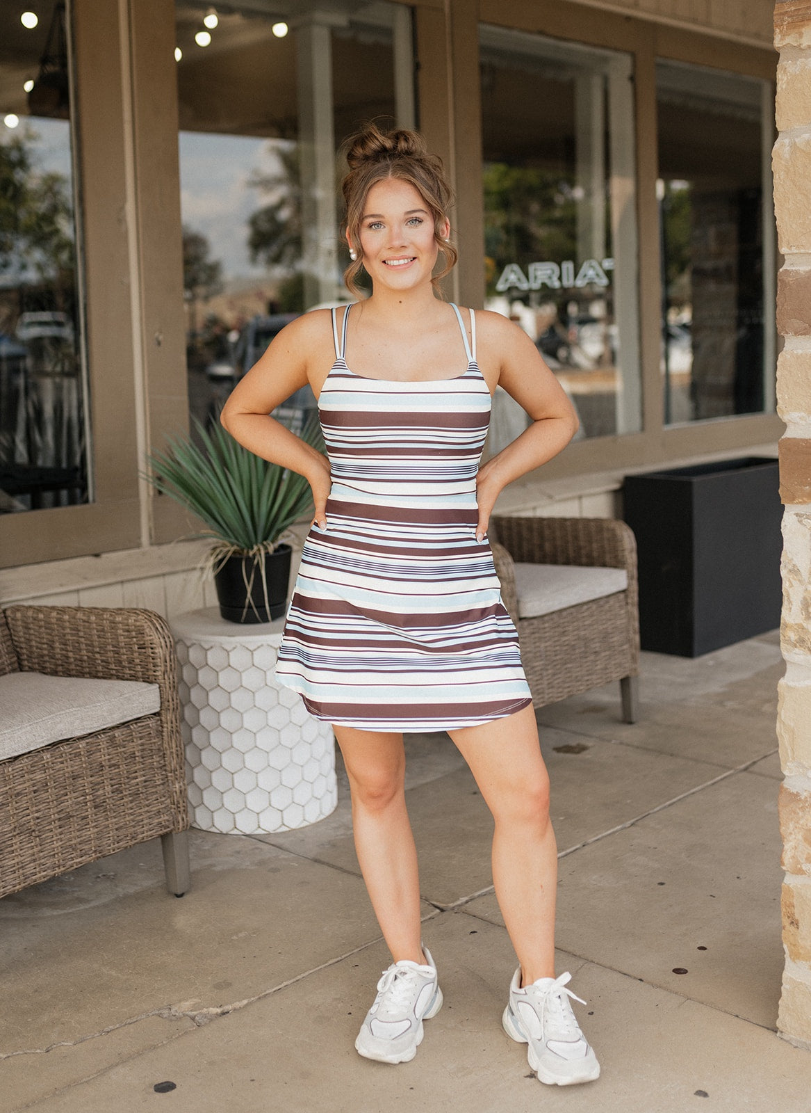Brown/Blue Stripe Print Athleisure Dress with Built-In Shorts CD07261