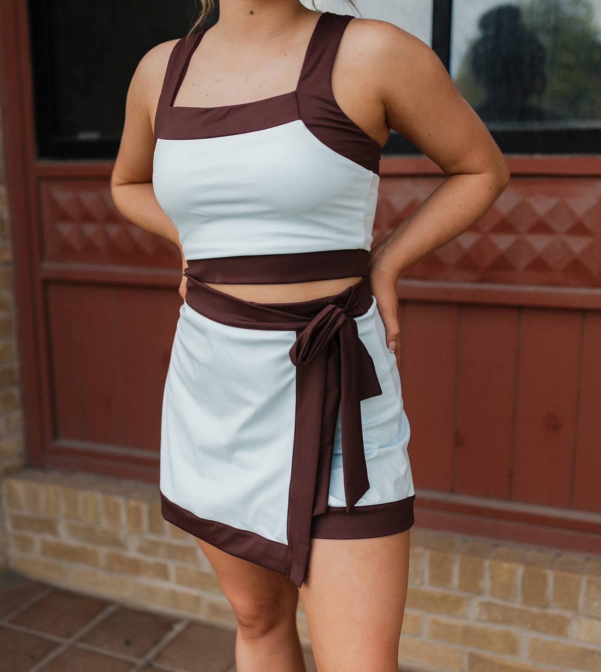 Baby Blue/Brown Square Neck Active Crop - CT10063