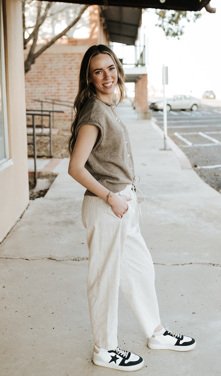 Natural/Mocha Striped Pants with Drawstring WL25-12248