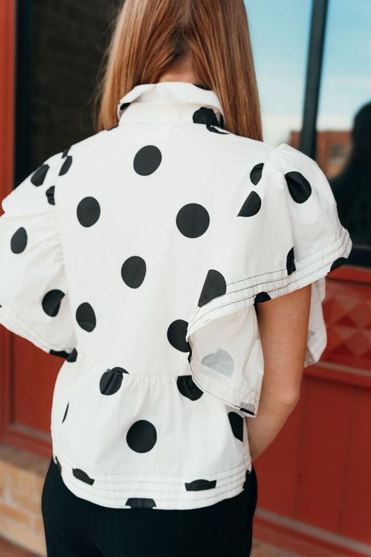 Ivory/Black Ruffle Sleeve Polka Dot Top IT2337