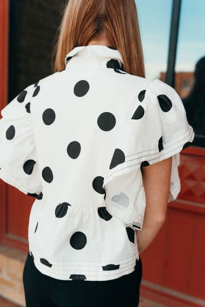 Ivory/Black Ruffle Sleeve Polka Dot Top IT2337