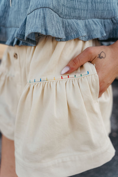 Ivory High Rise Tiered Denim Shorts with Embroidery IP47377-01