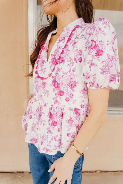 Pink Floral Printed Bubble Sleeves Peplum Top CT9107