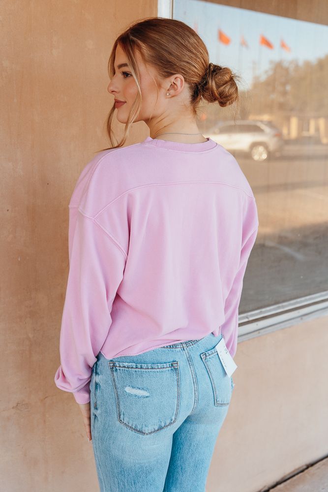 Rose Pink Cropped Crewneck Sweatshirt with Raw Hem DZ24E409