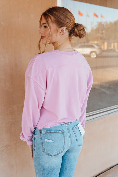 Rose Pink Cropped Crewneck Sweatshirt with Raw Hem DZ24E409