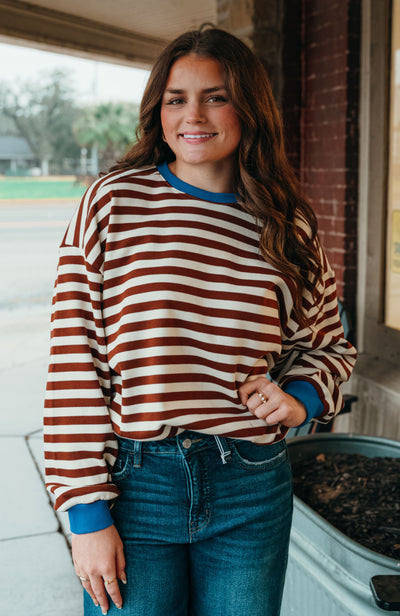 Chocolate Oversized Striped Crewneck Long Sleeve Top TBT13532