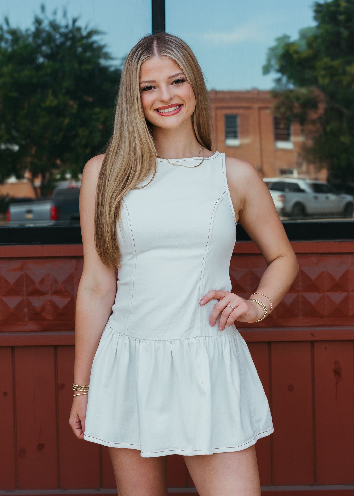 White Denim Boat Neck Sleeveless Low Waist Dress SD2297-3