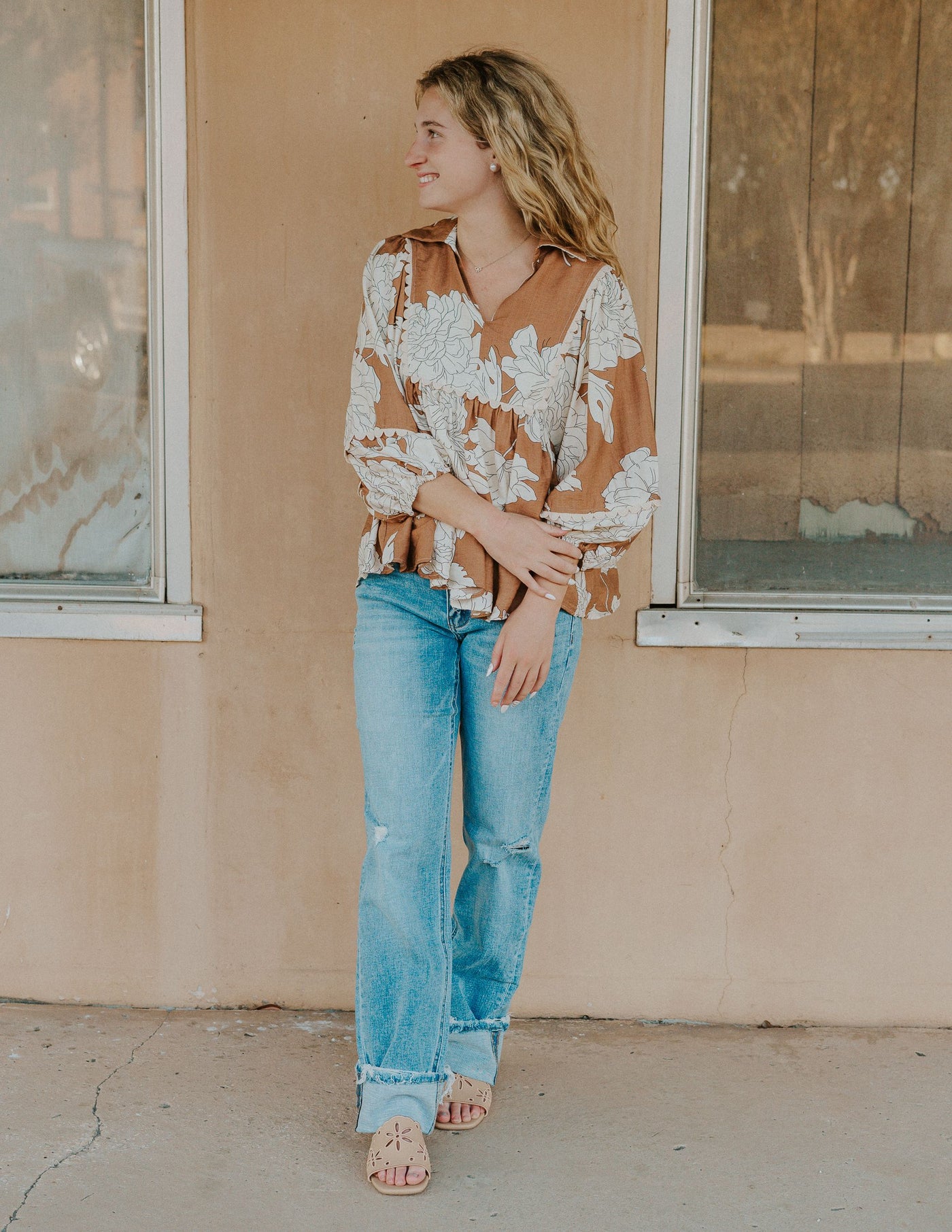 Camel Floral 3/4 Sleeve Top T25299