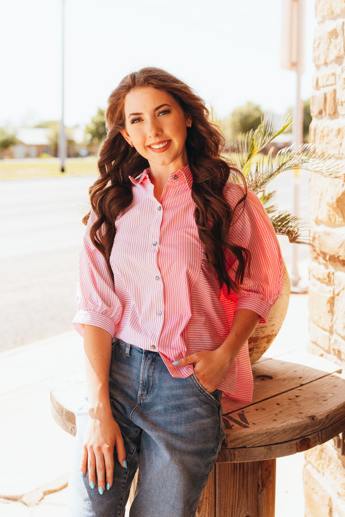 Pink Striped Button Down Top T26390
