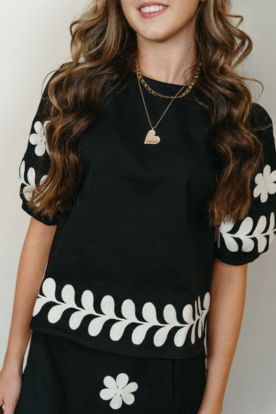 Black Embroidered Puff Sleeve Top T-50252-JK