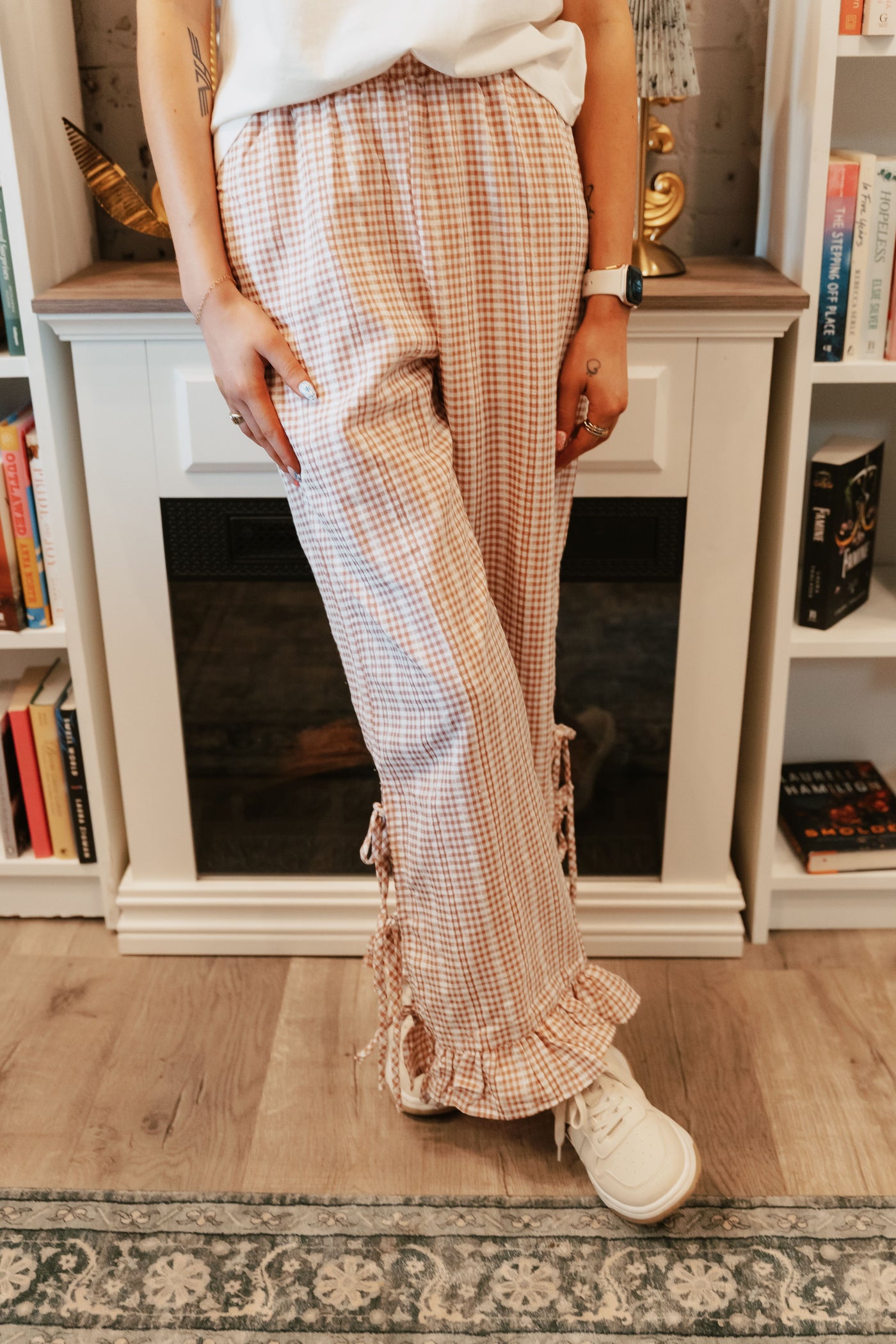 Mauve Gingham Side Slit Ruffle Hem Pants IP300101-01