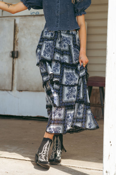 Royal Floral Handkerchief Design Contrast Tiered Maxi Skirt LSK0257-RYL