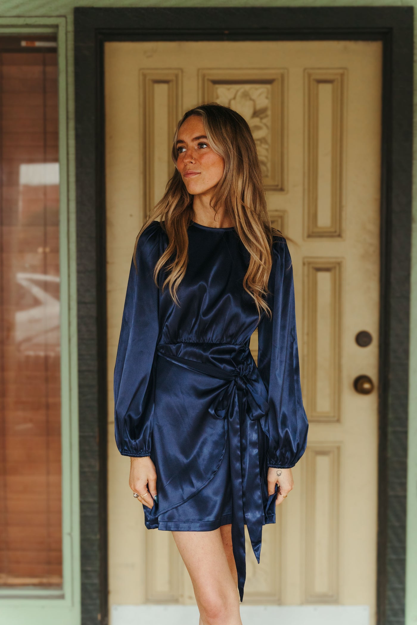Navy Satin Long Sleeve Front Layered Tie Dress CD05220