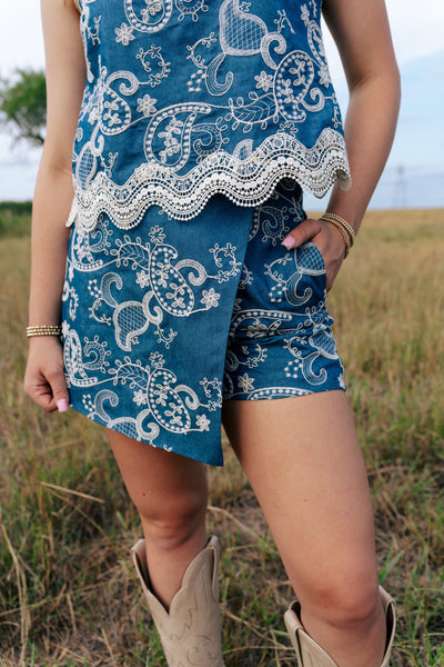 Denim Embroidered Mini Wrap Skort ILP5723