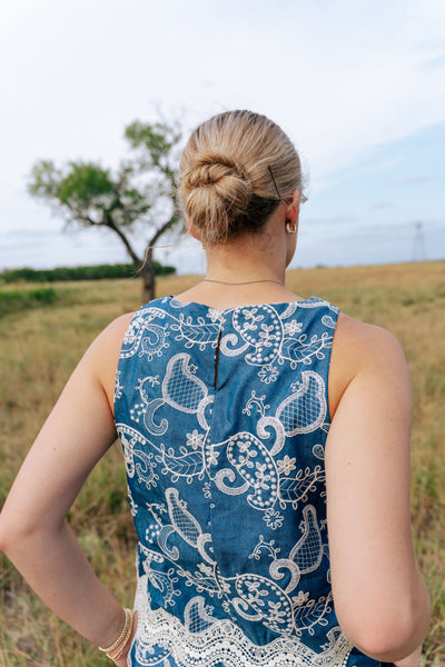 Denim Embroidered Sleeveless Top ILT5722
