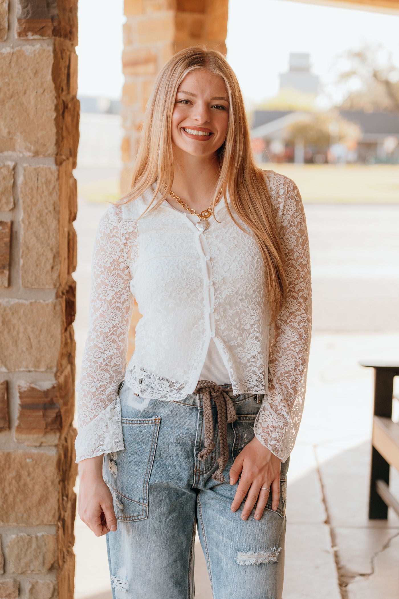 White Button Down Lace Top ST2813