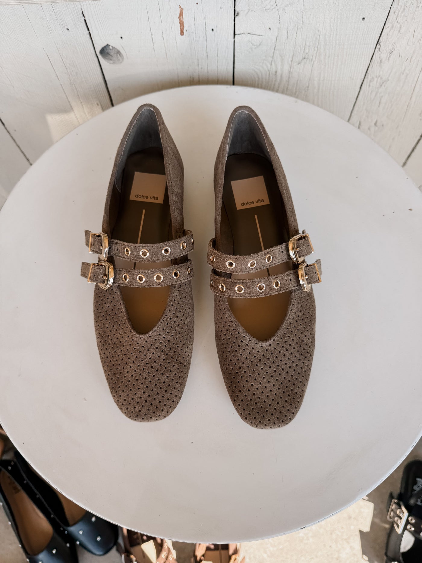 Baylee Grommet Olive Perforated Suede Flat