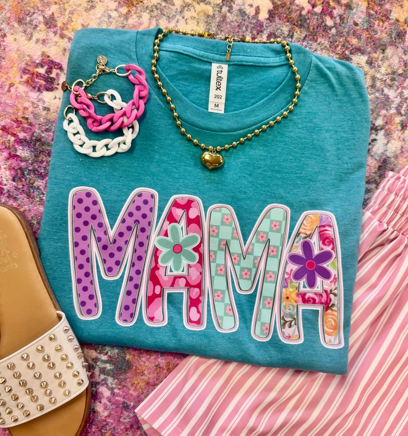 Mama Heather Aqua Blue Wild Flower Tee