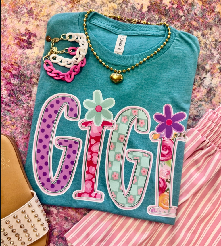 Gigi Heather Aqua Blue Wild Flower Tee