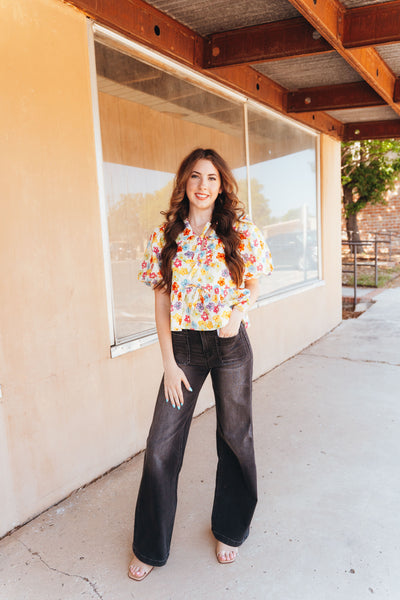 Multi Floral Short Bubble Sleeve Top T25777