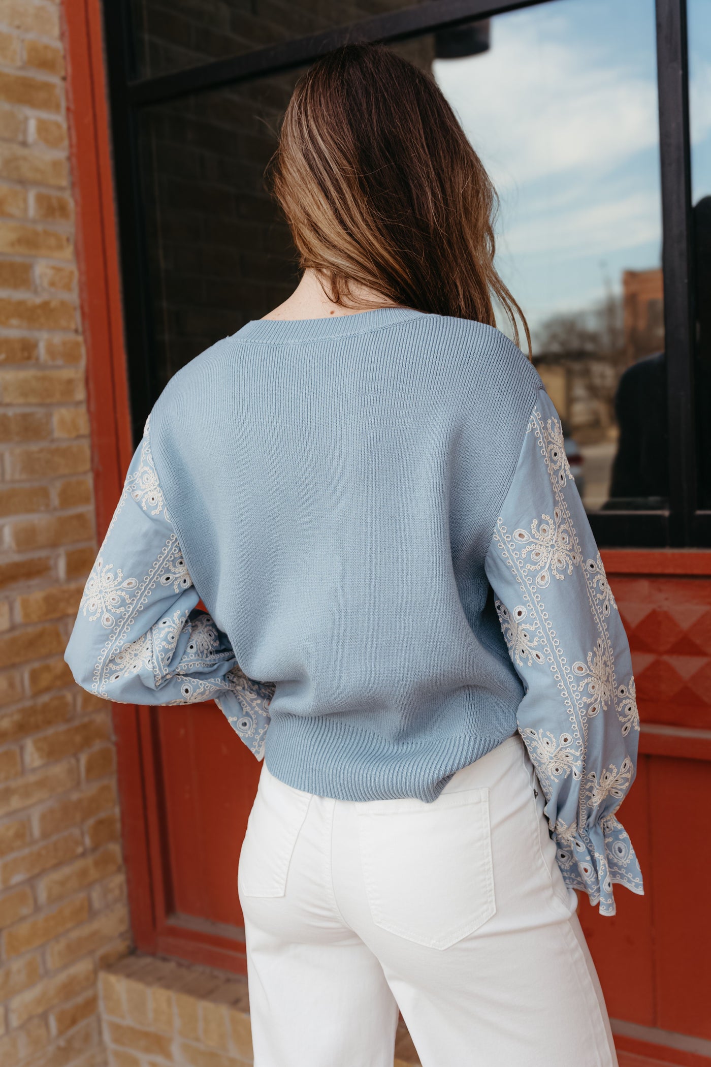 Blue Eyelet Ruffle Sleeve Knit Sweater T25470