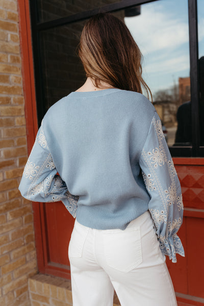 Blue Eyelet Ruffle Sleeve Knit Sweater T25470