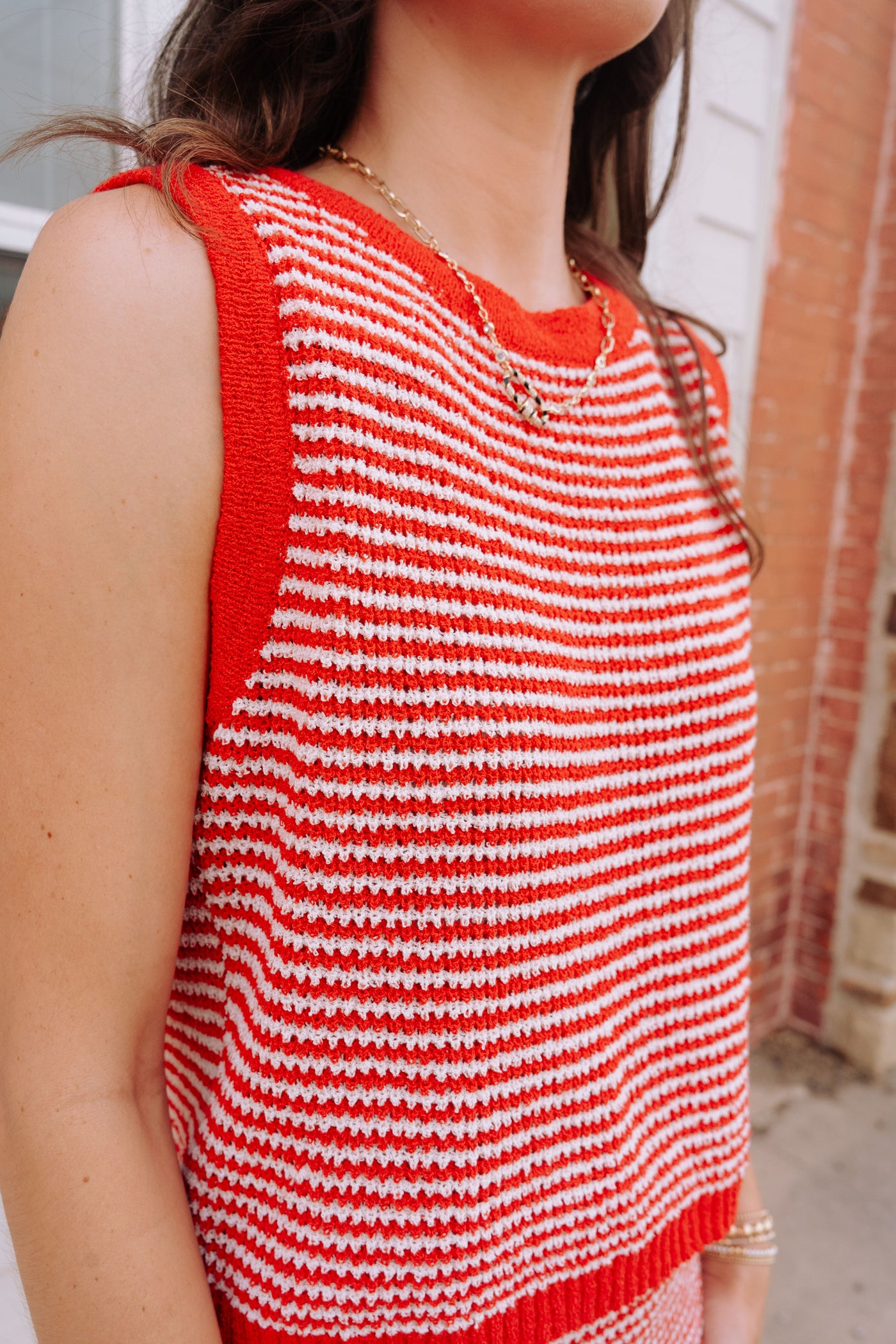 Red/White Striped Sleeveless Top and Maxi Skirt Set IST5872