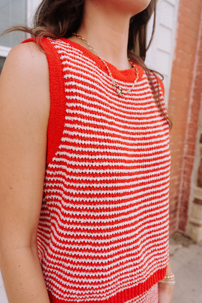 Red/White Striped Sleeveless Top and Maxi Skirt Set IST5872