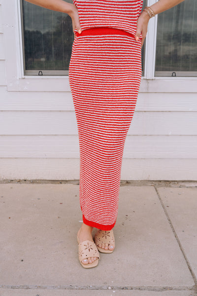 Red/White Striped Sleeveless Top and Maxi Skirt Set IST5872