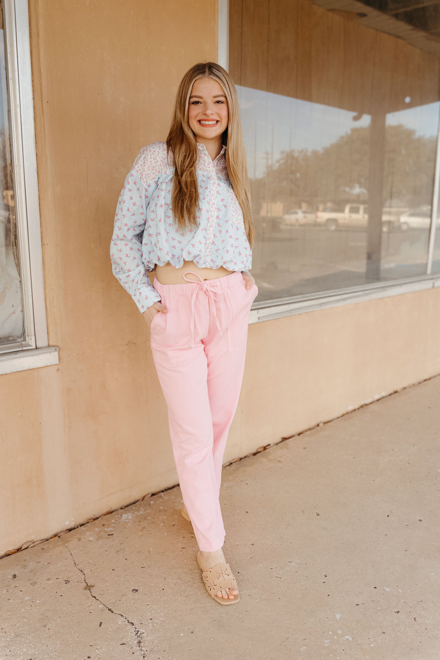 Light Blue/Pink Floral Cropped Shirt IT39692-01