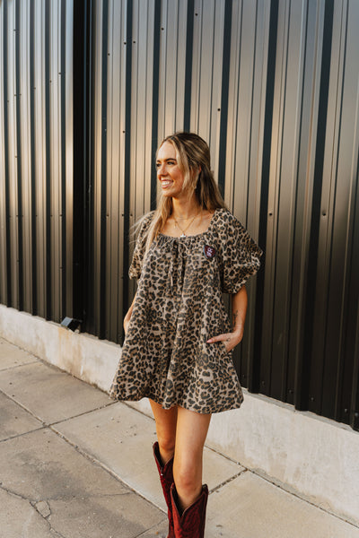 Leopard Denim Puff Sleeve Babydoll Romper IR2196-D