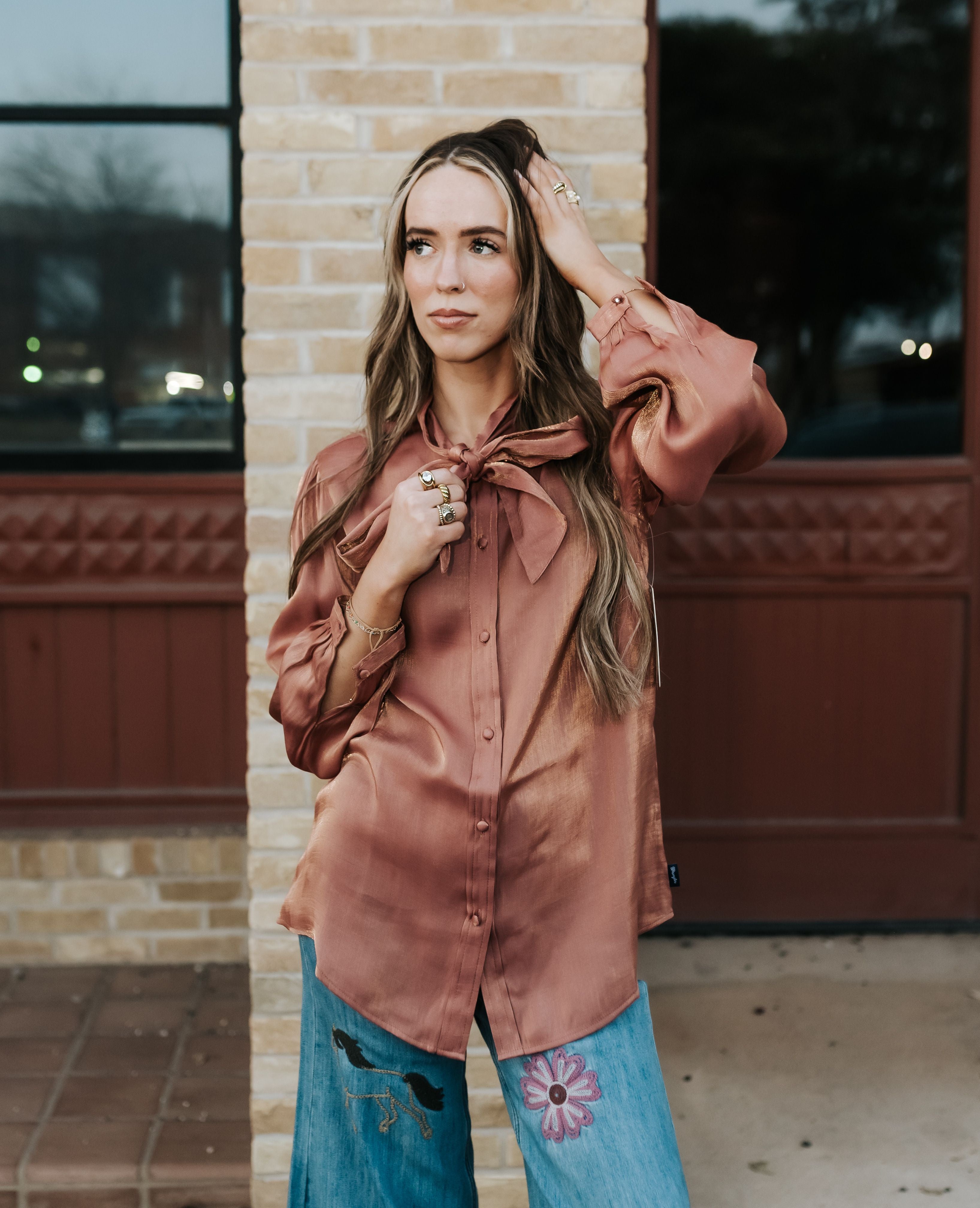 Wrangler Women's Shimmer Tie Neck Blouse Rose Gold 112371712