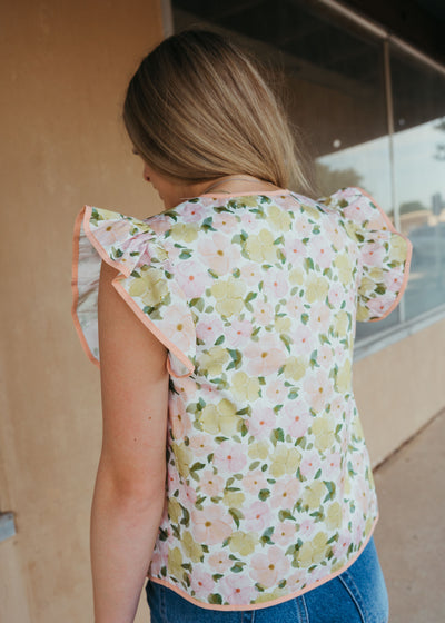 Coral Multi Foral Print Ruffle Sleeve Top T-50462-JK