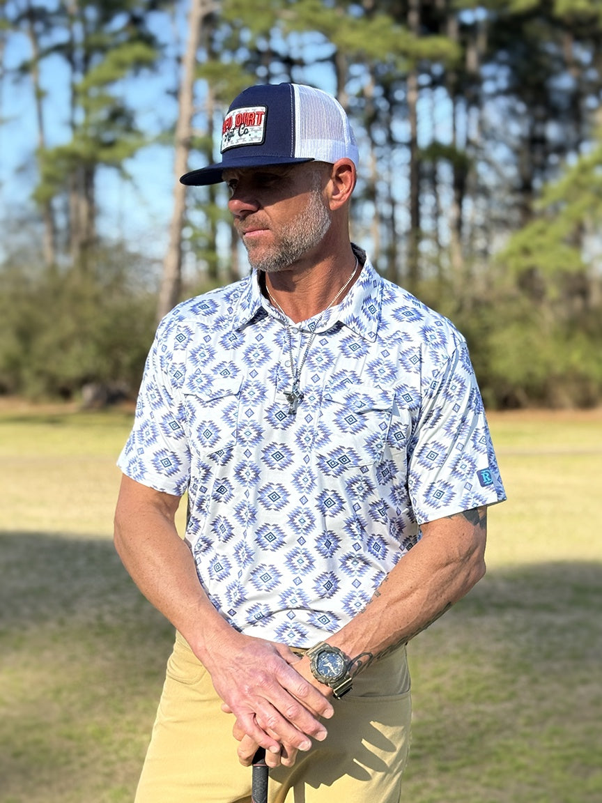 Red Dirt Polo Short Sleeve Shirt Blue/White Aztec