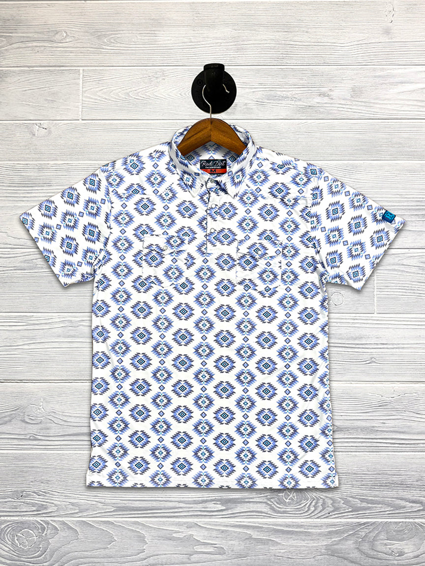Red Dirt Polo Short Sleeve Shirt Blue/White Aztec