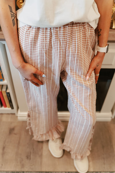 Mauve Gingham Side Slit Ruffle Hem Pants IP300101-01