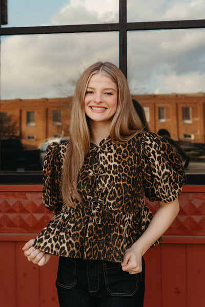 Norah Brown Leopard Denim Blouse S1748T