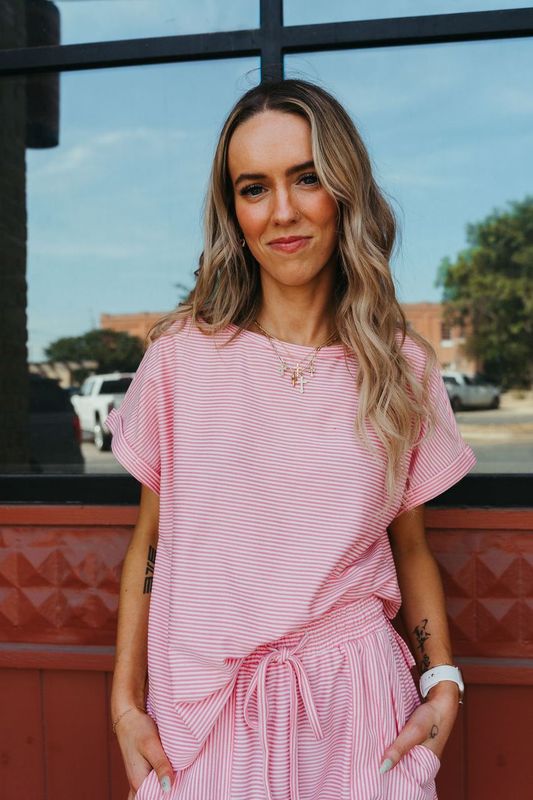Pink Striped French Terry Top and Shorts Set IST17550