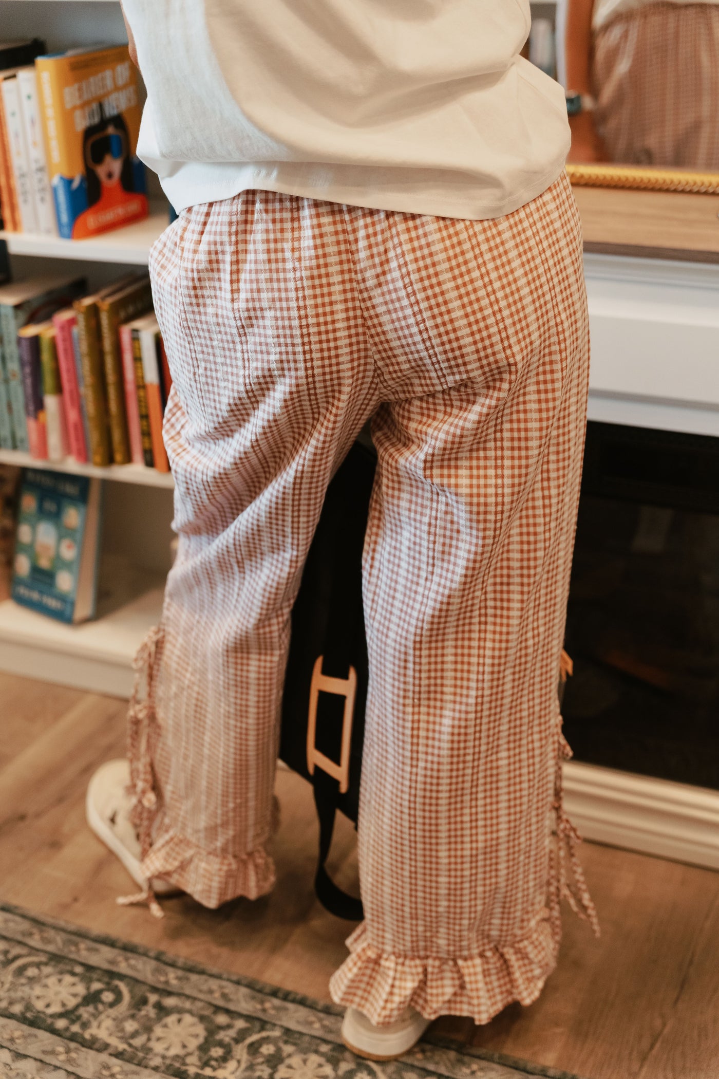 Mauve Gingham Side Slit Ruffle Hem Pants IP300101-01